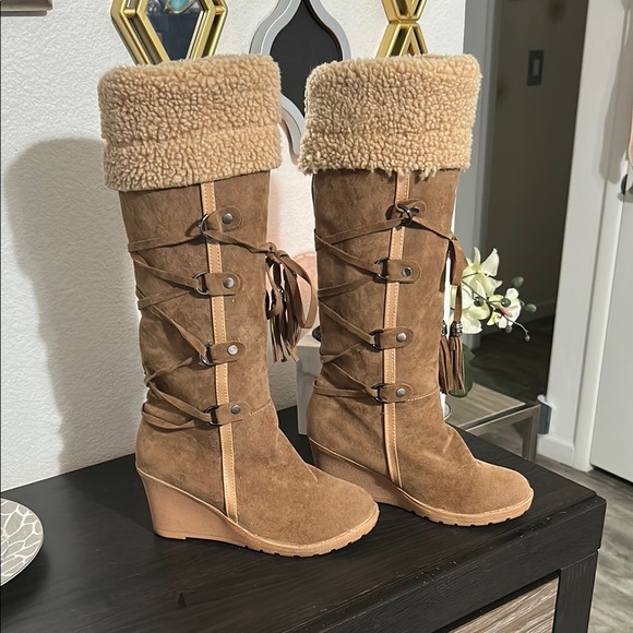 Women's Tan Suede Wedge Boots - 2 - Picture 1 of 5